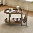 Table d'appoint pivotante ovale à deux niveaux avec plateau en similicuir pour salon