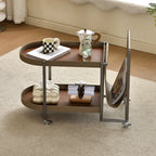 Table d'appoint pivotante ovale à deux niveaux avec plateau en similicuir pour salon