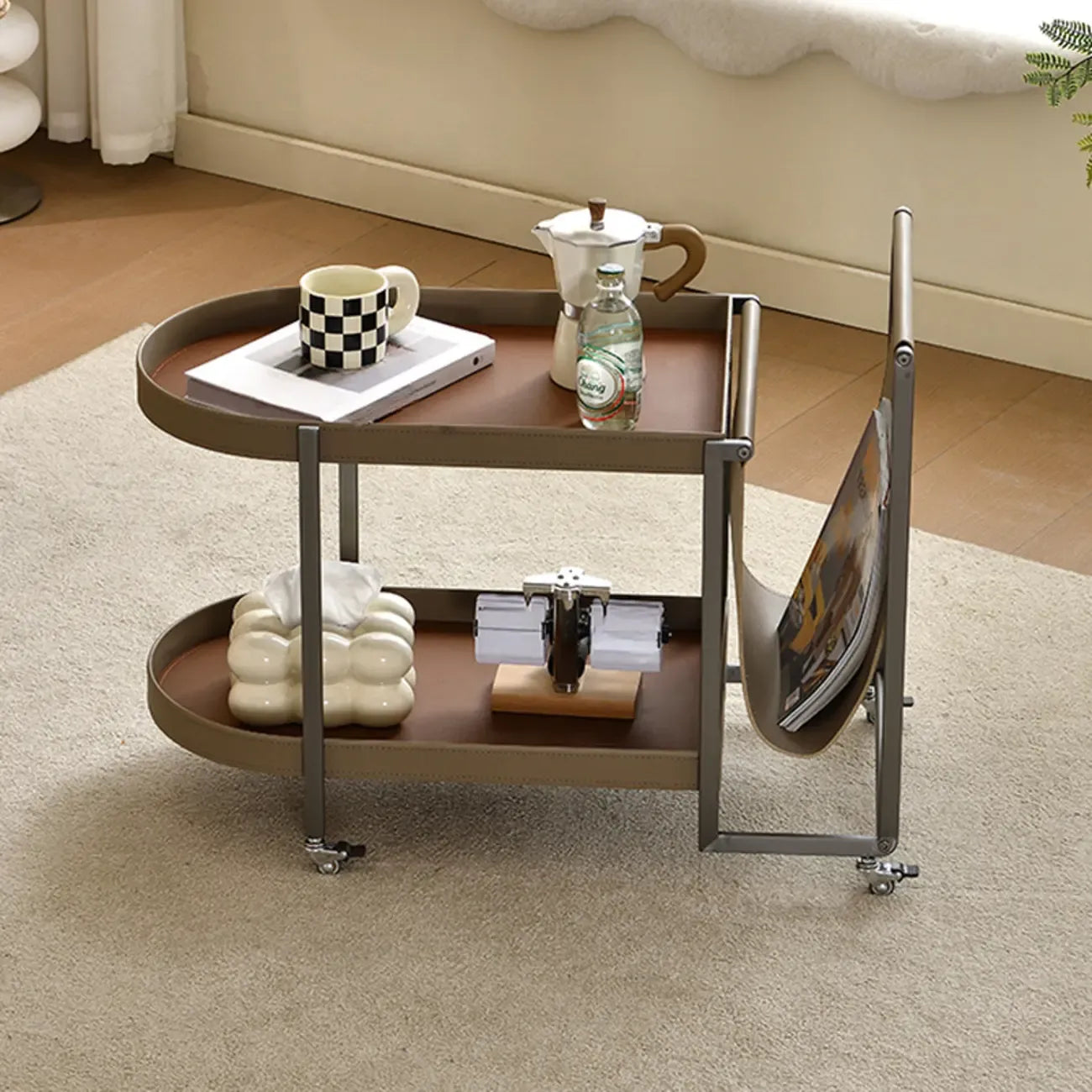 Table d'appoint pivotante ovale à deux niveaux avec plateau en similicuir pour salon