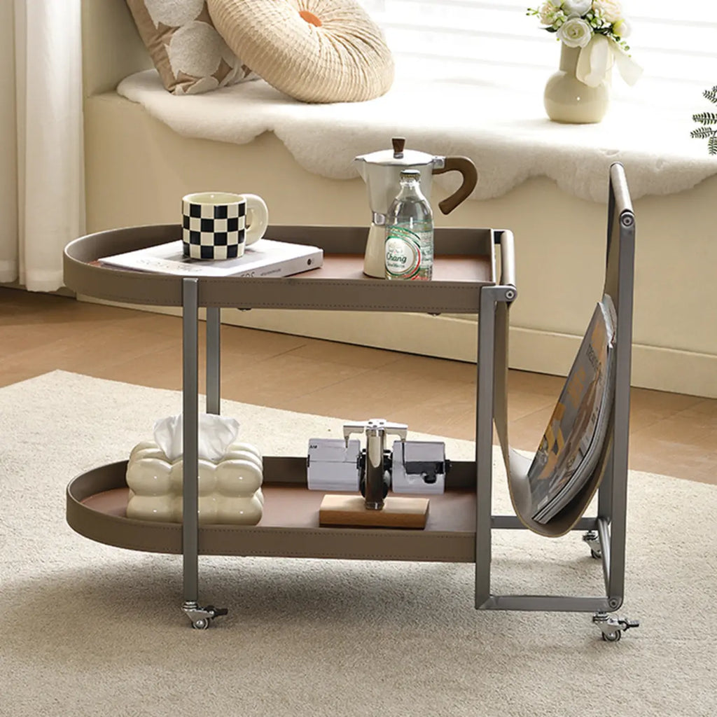 Table d'appoint pivotante ovale à deux niveaux avec plateau en similicuir pour salon