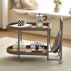 Table d'appoint pivotante ovale à deux niveaux avec plateau en similicuir pour salon