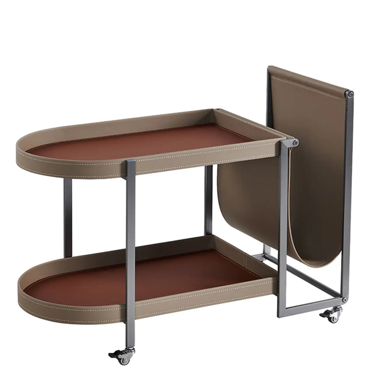 Table d'appoint pivotante ovale à deux niveaux avec plateau en similicuir pour salon