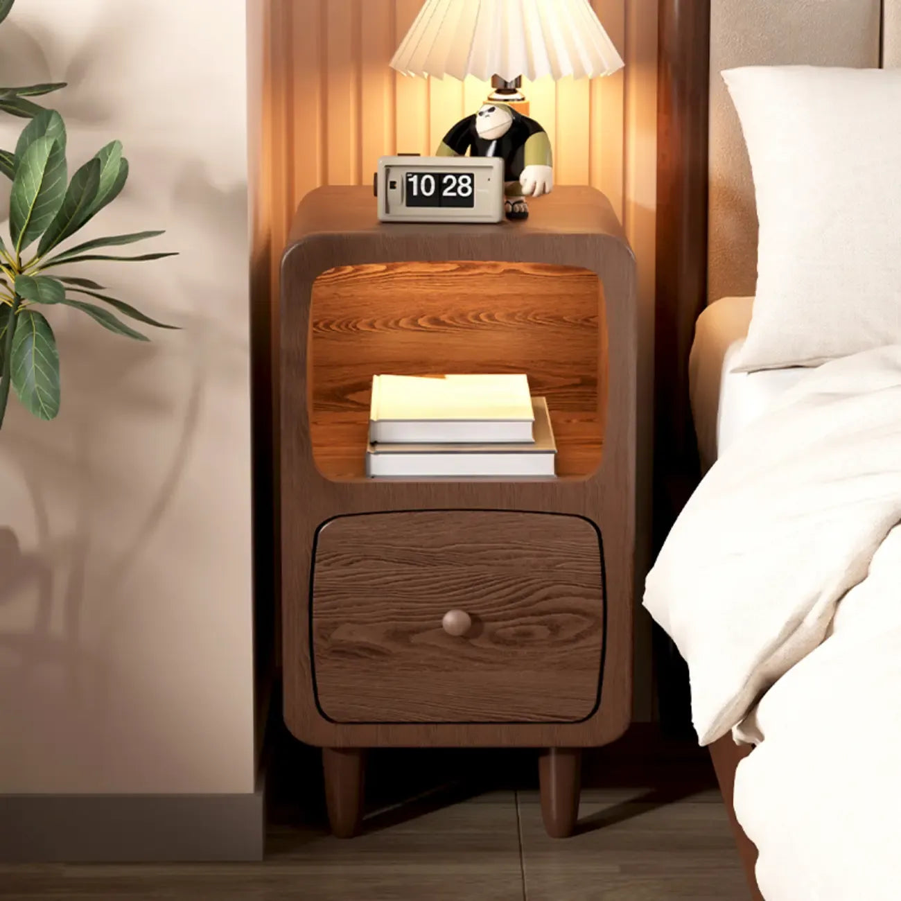 Petite table de chevet moderne en bois avec étagère ouverte et tiroir