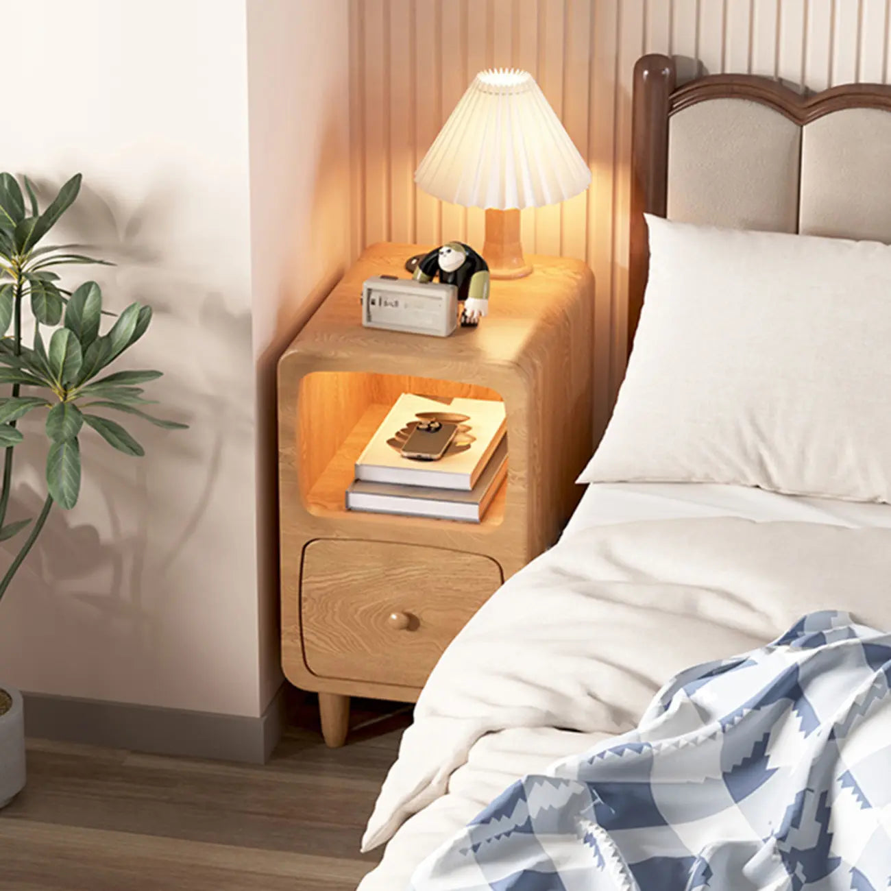 Petite table de chevet moderne en bois avec étagère ouverte et tiroir