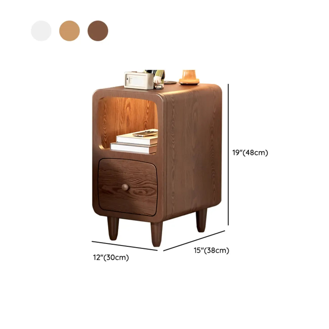 Petite table de chevet moderne en bois avec étagère ouverte et tiroir