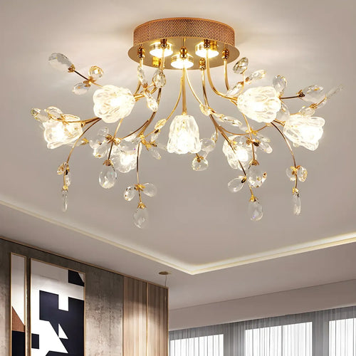 Plafonnier semi-encastré à 7 lumières en cristal à motif floral