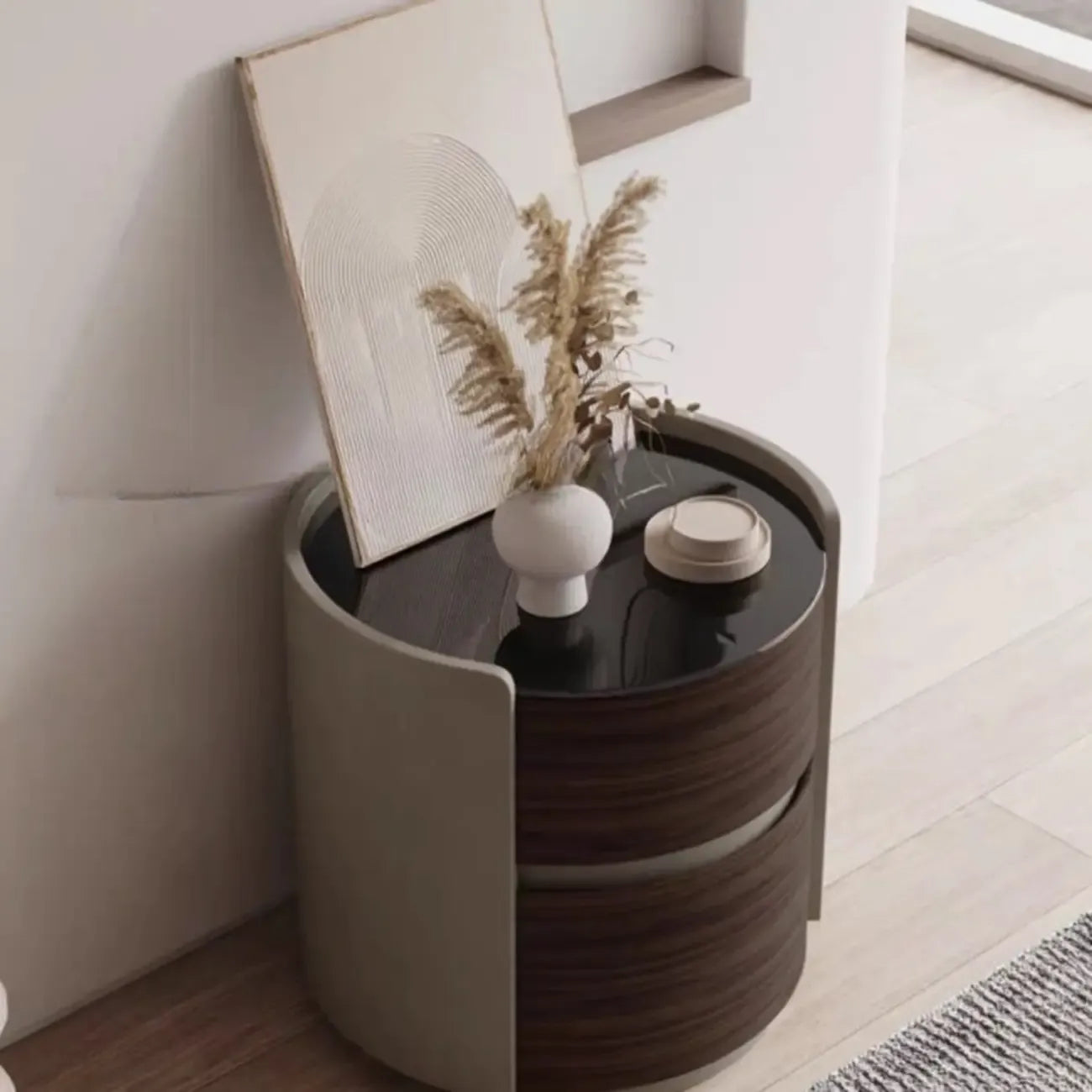 Table de chevet ronde à 2 niveaux en pin étroit avec fermeture douce
