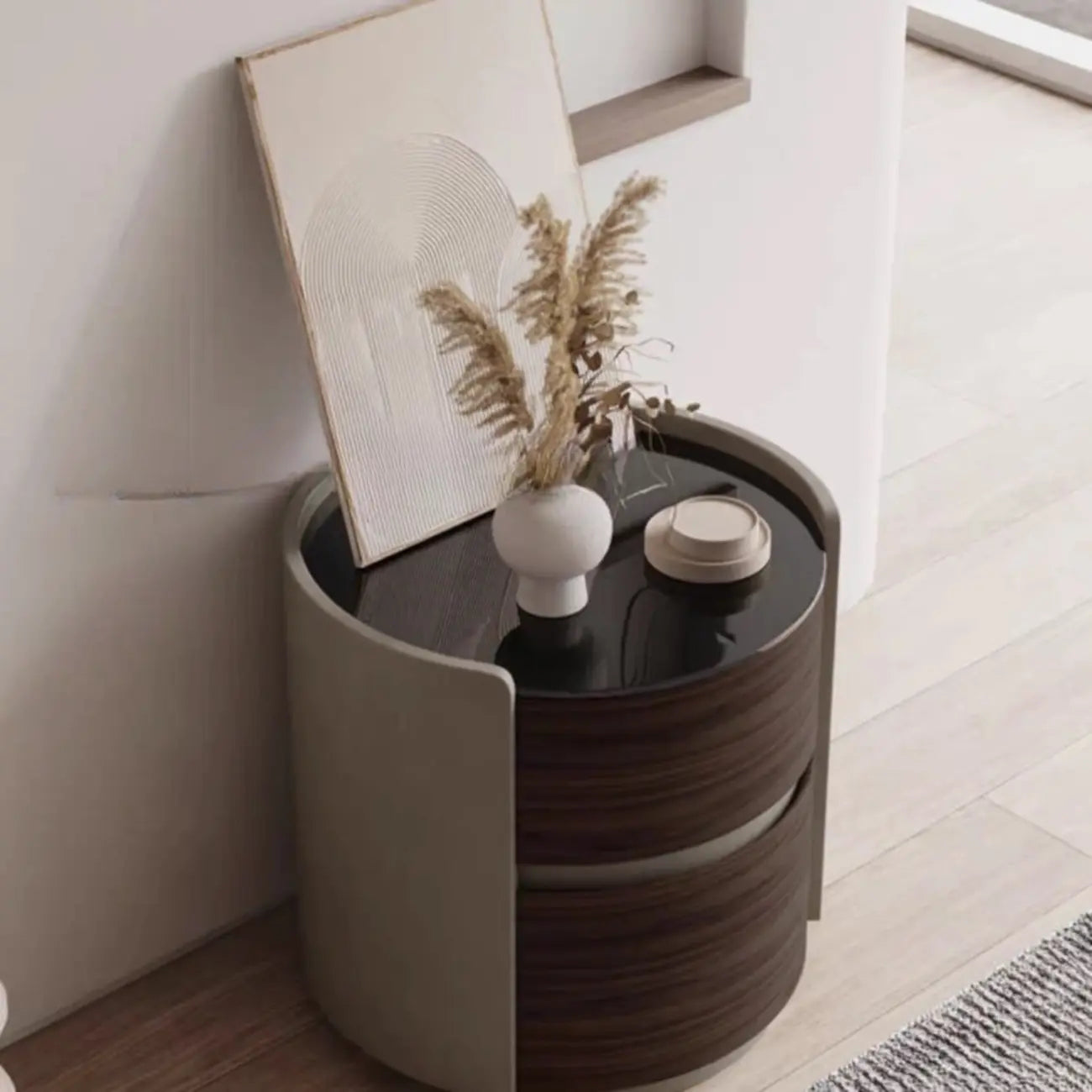 Table de chevet ronde à 2 niveaux en pin étroit avec fermeture douce