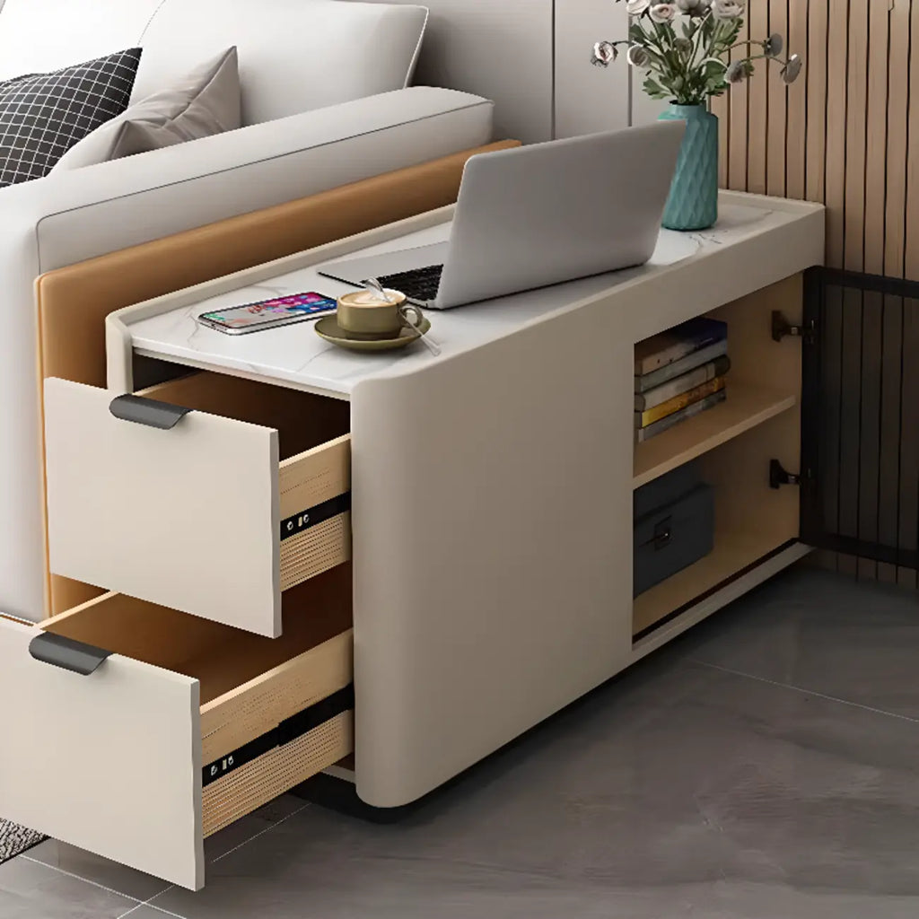 Élégante table d'appoint rectangulaire avec plateau en marbre et corps en cuir