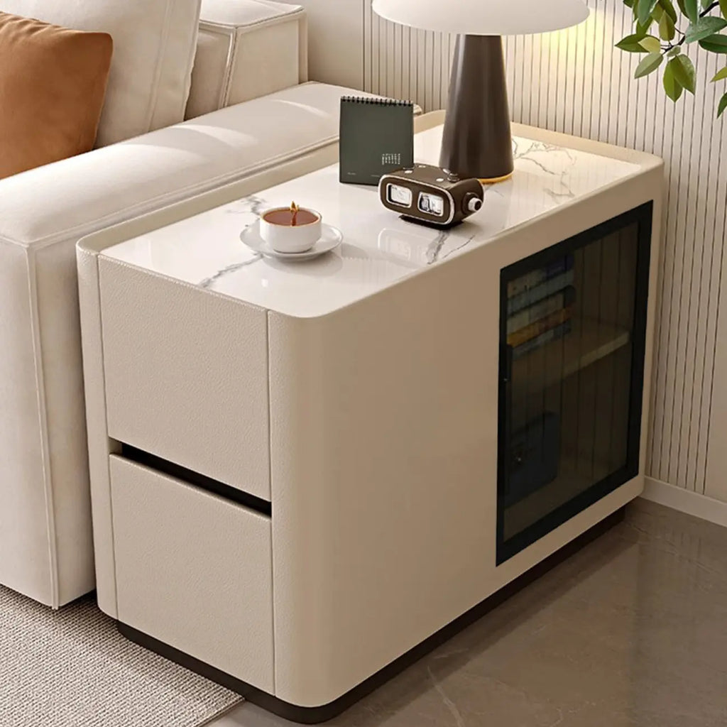 Élégante table d'appoint rectangulaire avec plateau en marbre et corps en cuir