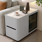 Élégante table d'appoint rectangulaire avec plateau en marbre et corps en cuir