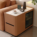Élégante table d'appoint rectangulaire avec plateau en marbre et corps en cuir