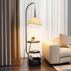 Étagère de rangement élégante en tissu, fer et bois, lampadaire arqué