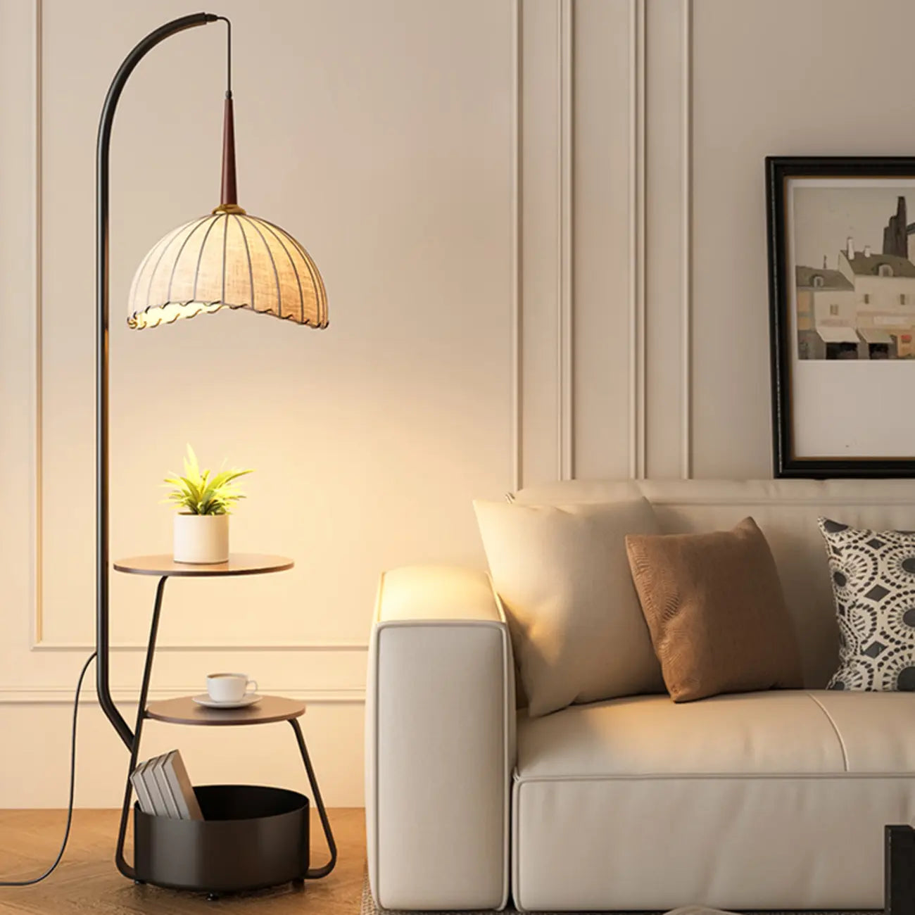 Étagère de rangement élégante en tissu, fer et bois, lampadaire arqué