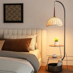 Étagère de rangement élégante en tissu, fer et bois, lampadaire arqué