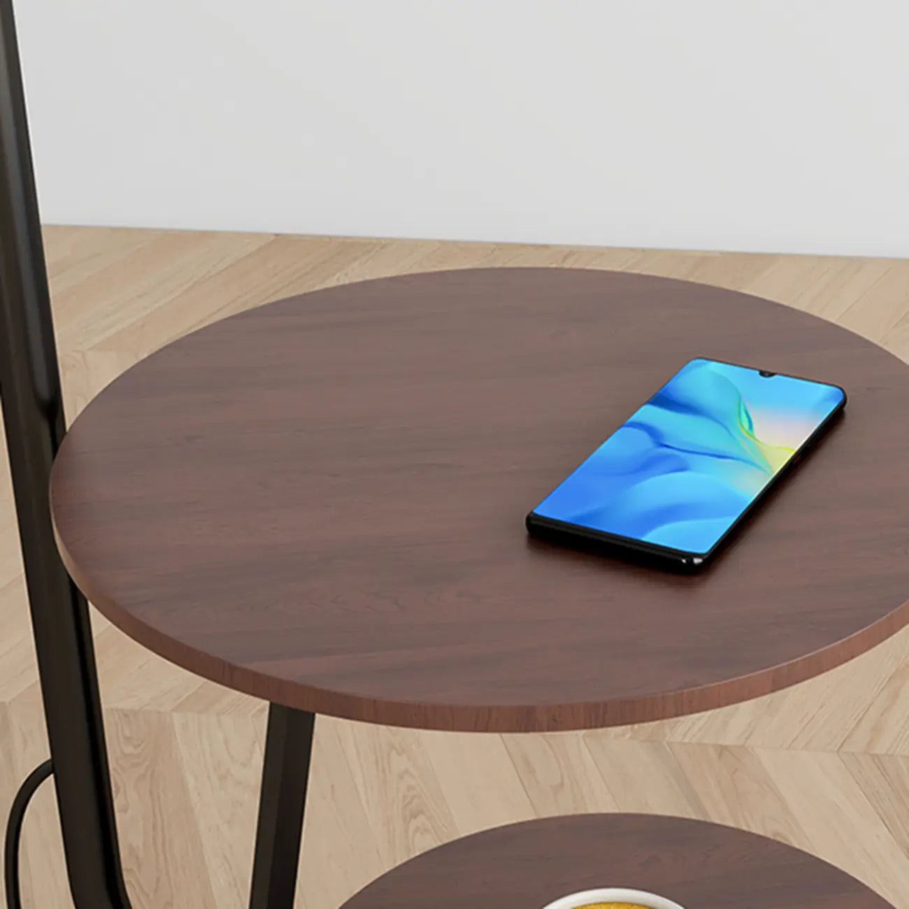 Étagère de rangement élégante en tissu, fer et bois, lampadaire arqué