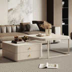 Table basse gigogne blanche avec plateau en pierre anti-rayures et rangement