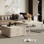 Table basse gigogne blanche avec plateau en pierre anti-rayures et rangement