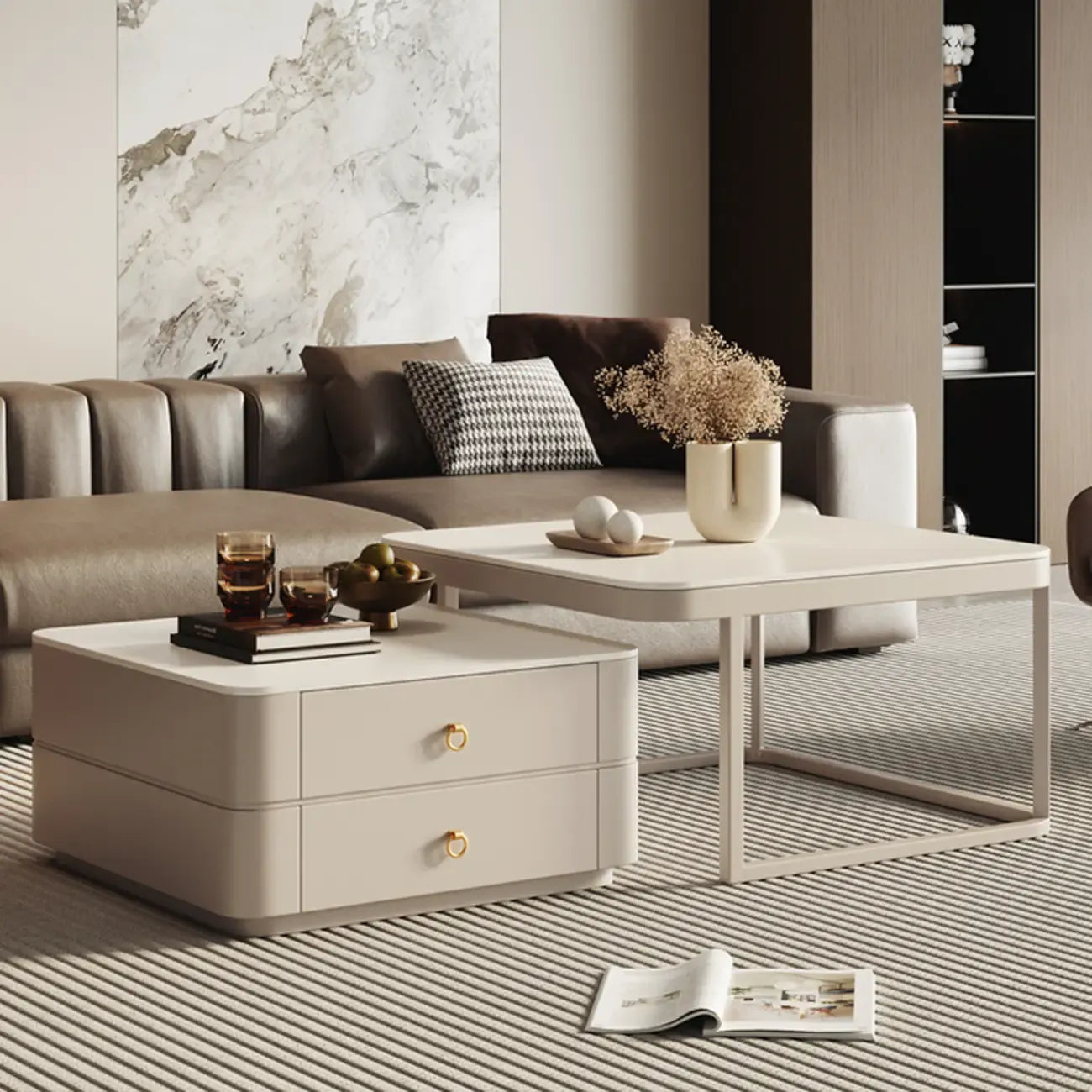 Table basse gigogne blanche avec plateau en pierre anti-rayures et rangement