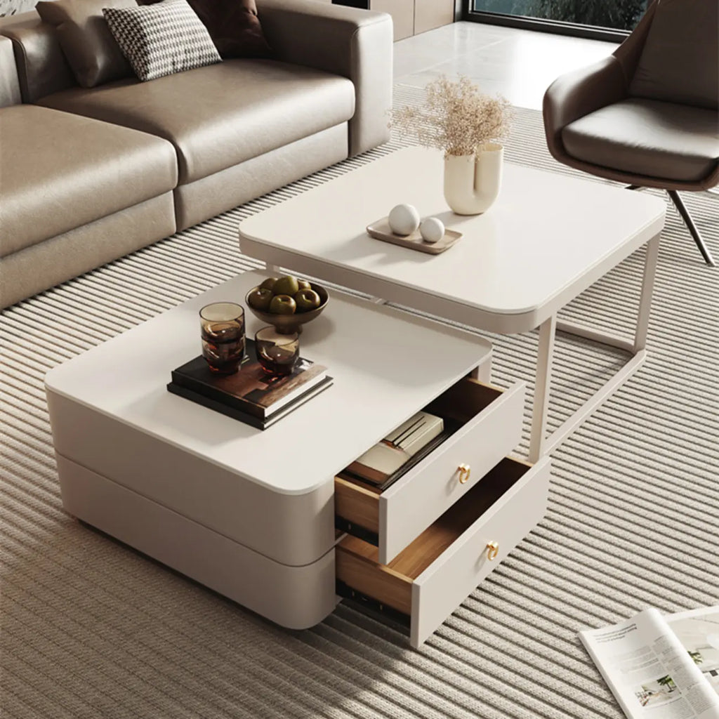 Table basse gigogne blanche avec plateau en pierre anti-rayures et rangement