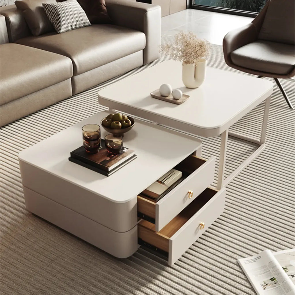 Table basse gigogne blanche avec plateau en pierre anti-rayures et rangement
