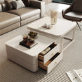 Table basse gigogne blanche avec plateau en pierre anti-rayures et rangement