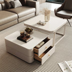 Table basse gigogne blanche avec plateau en pierre anti-rayures et rangement