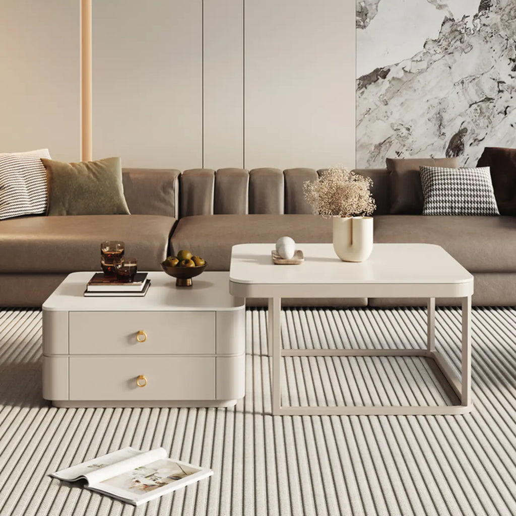 Table basse gigogne blanche avec plateau en pierre anti-rayures et rangement