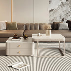 Table basse gigogne blanche avec plateau en pierre anti-rayures et rangement