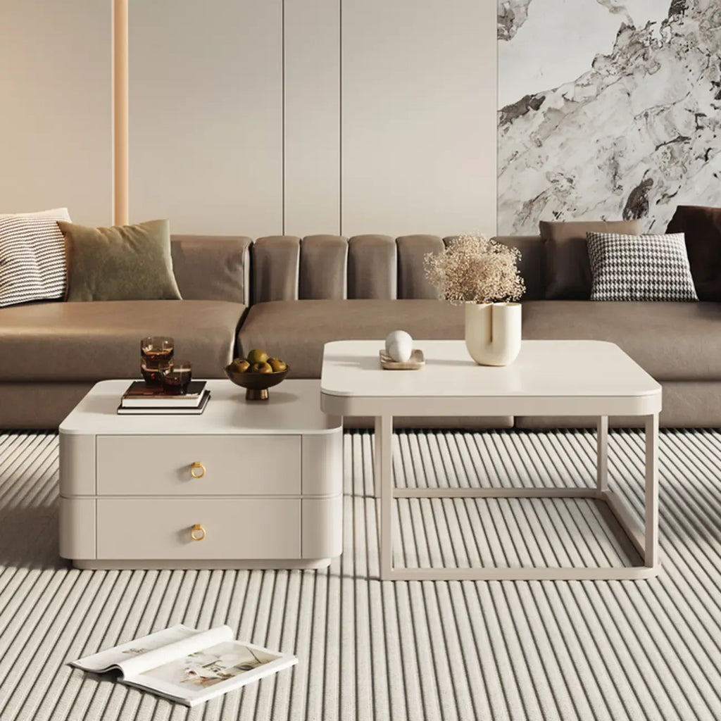 Table basse gigogne blanche avec plateau en pierre anti-rayures et rangement