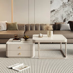 Table basse gigogne blanche avec plateau en pierre anti-rayures et rangement