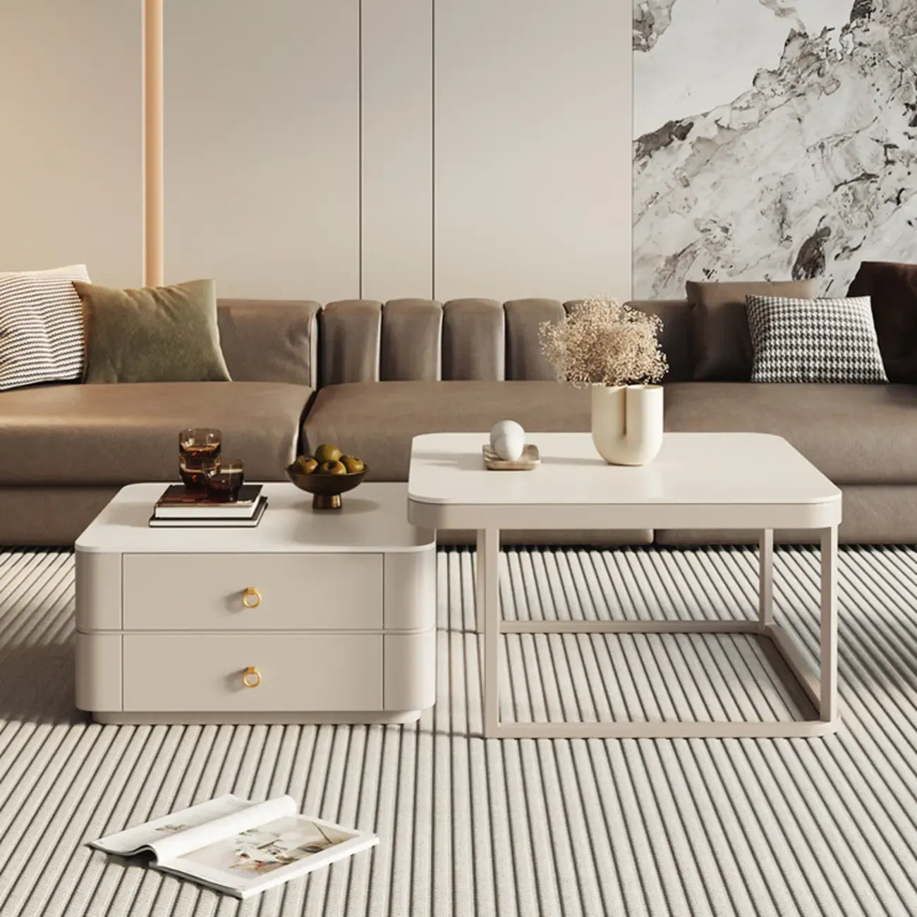 Table basse gigogne blanche avec plateau en pierre anti-rayures et rangement