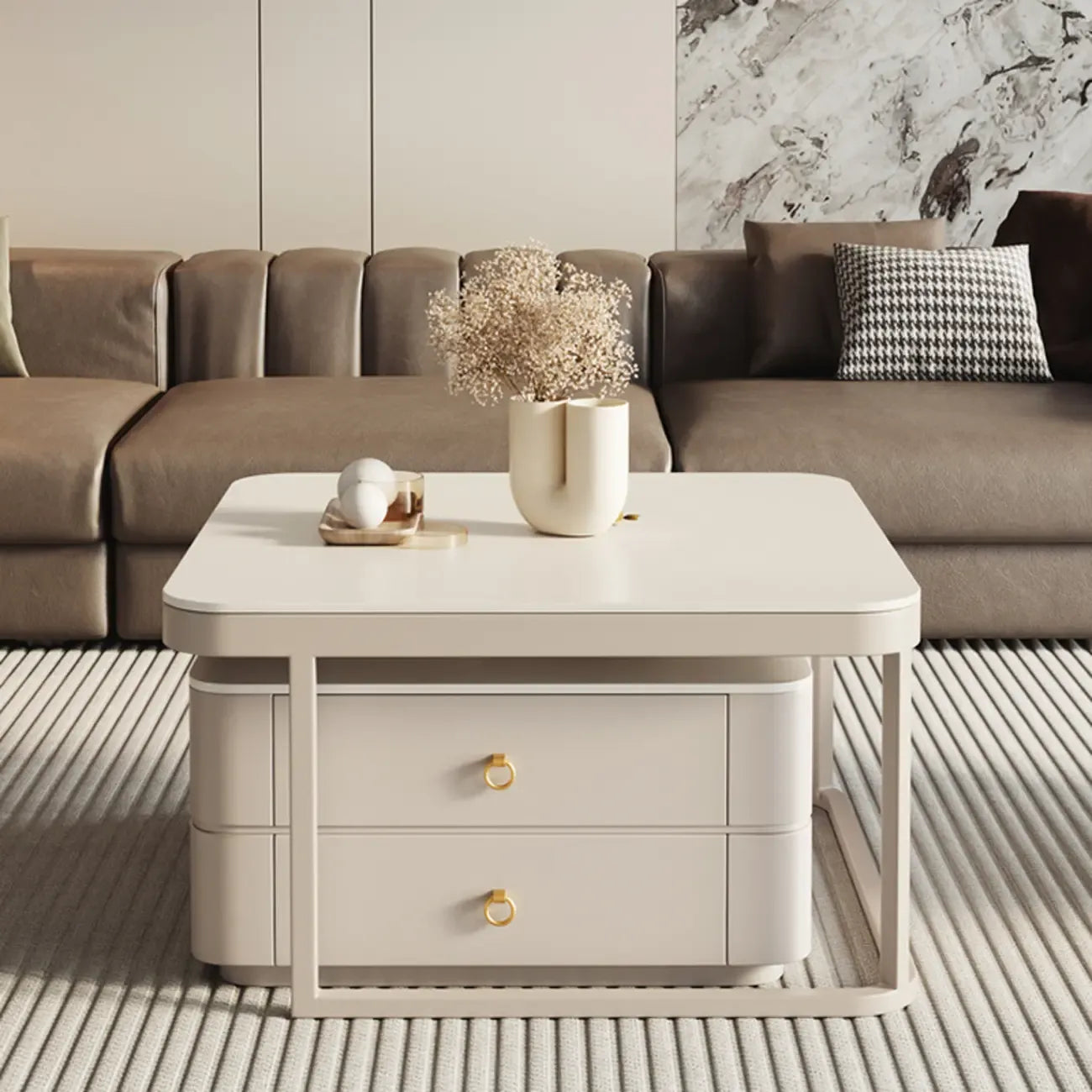 Table basse gigogne blanche avec plateau en pierre anti-rayures et rangement