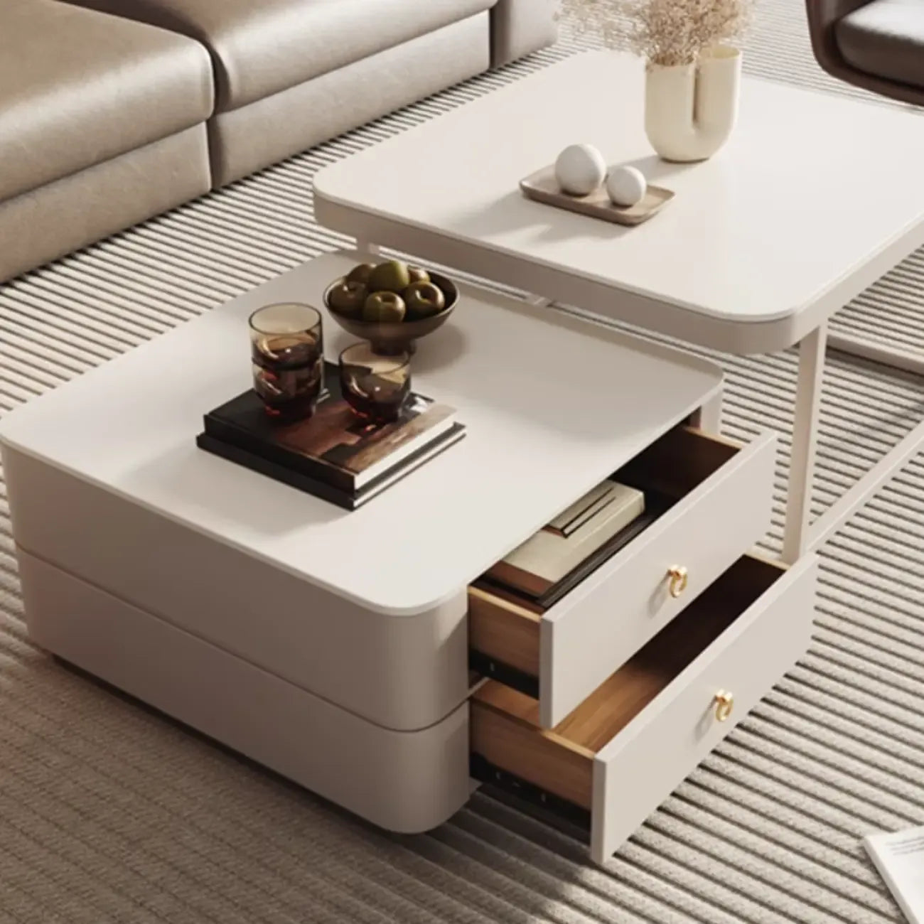 Table basse gigogne blanche avec plateau en pierre anti-rayures et rangement