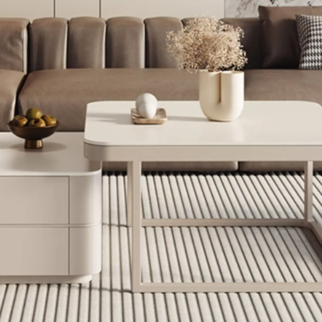 Table basse gigogne blanche avec plateau en pierre anti-rayures et rangement
