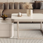 Table basse gigogne blanche avec plateau en pierre anti-rayures et rangement