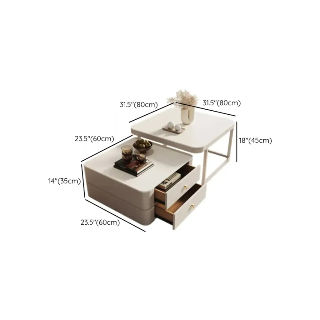 Table basse gigogne blanche avec plateau en pierre anti-rayures et rangement
