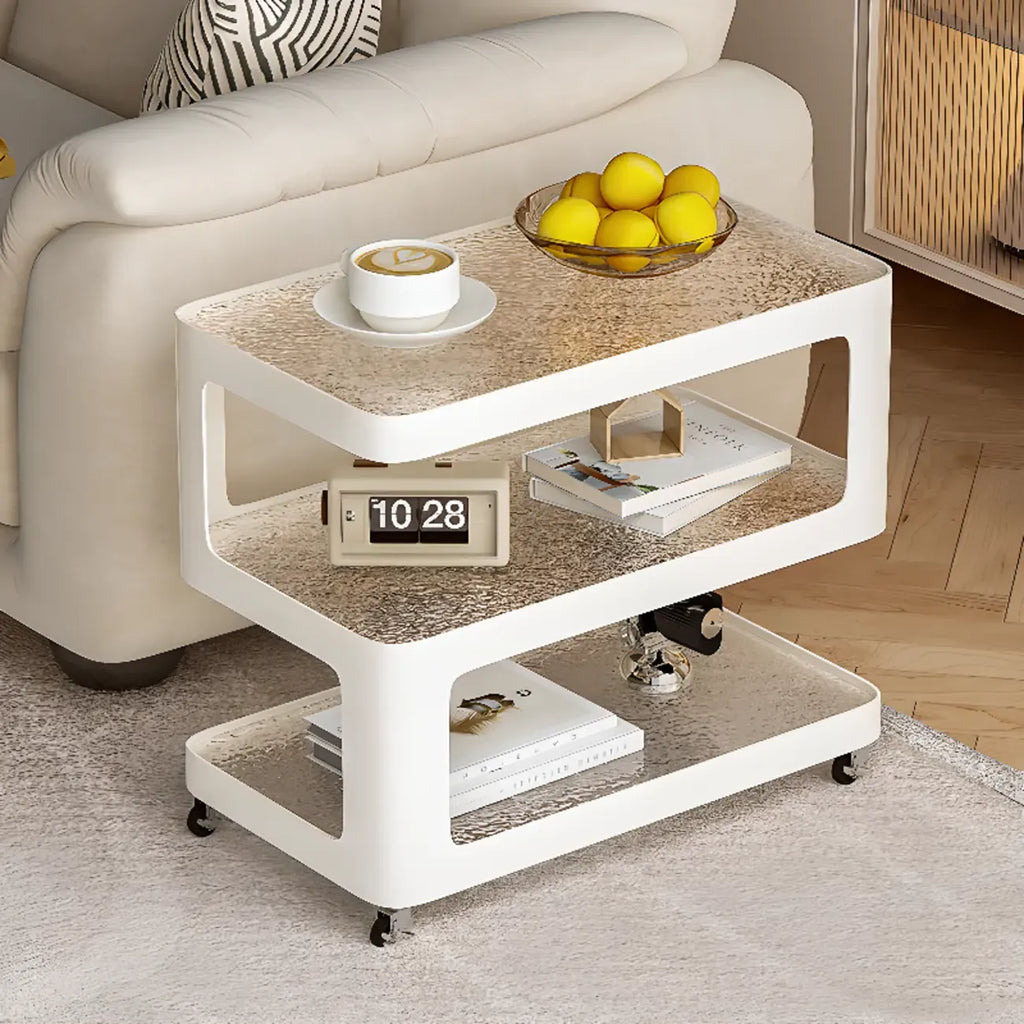 Table d'appoint mobile rectangulaire avec plateau en verre et rangement à 3 niveaux