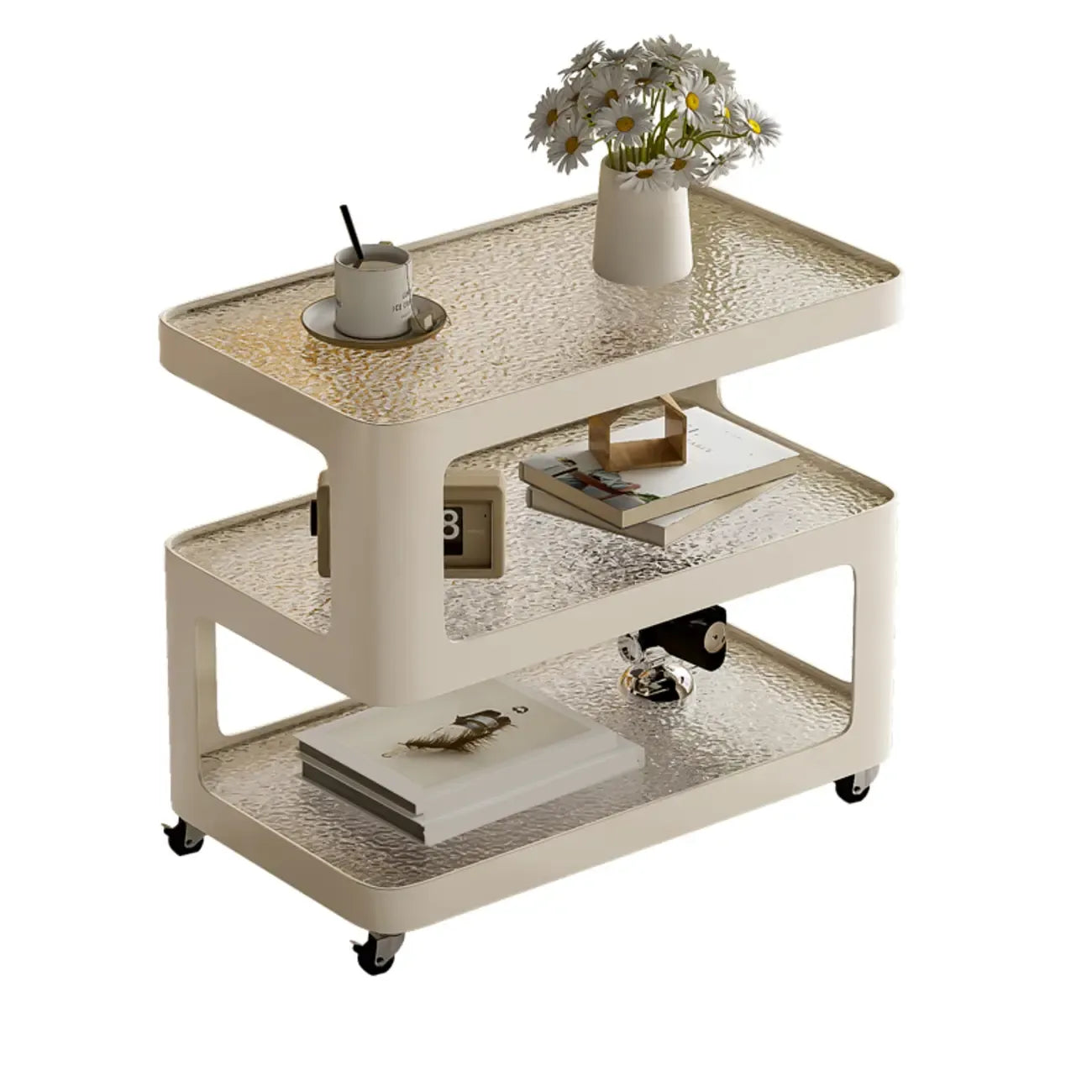 Table d'appoint mobile rectangulaire avec plateau en verre et rangement à 3 niveaux