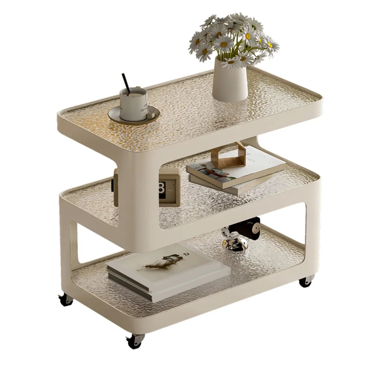 Table d'appoint mobile rectangulaire avec plateau en verre et rangement à 3 niveaux