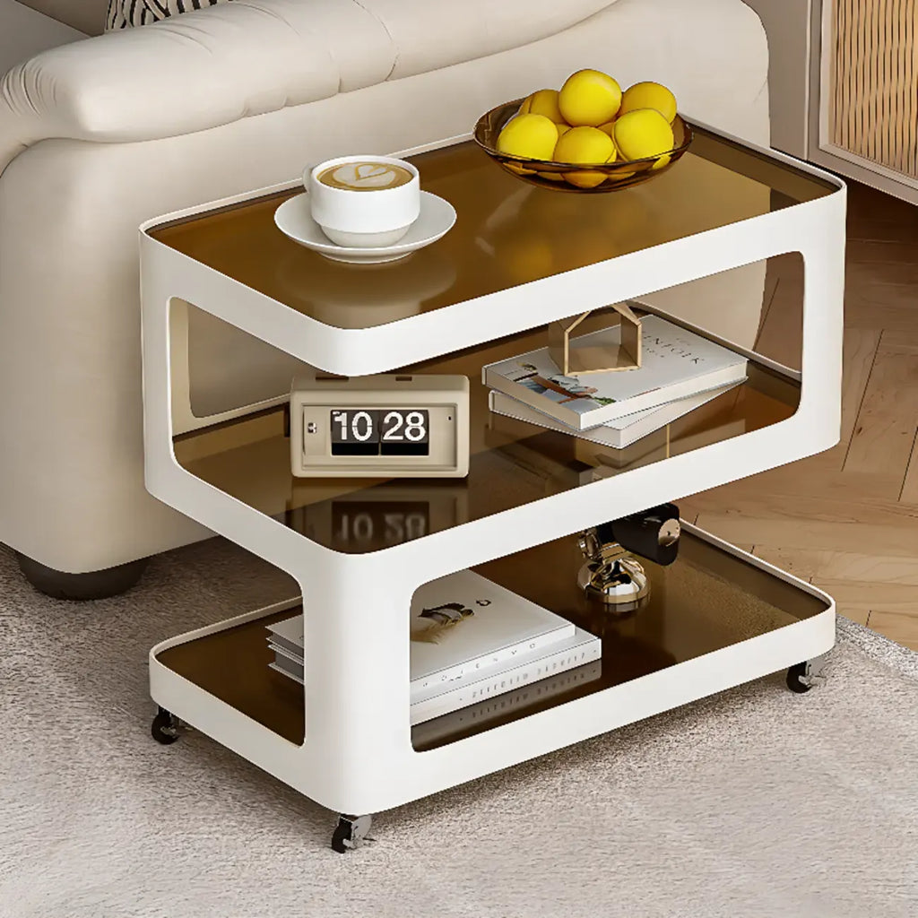 Table d'appoint mobile rectangulaire avec plateau en verre et rangement à 3 niveaux