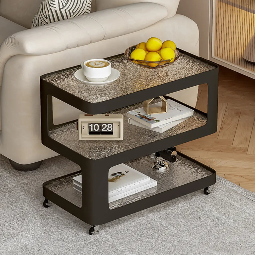 Table d'appoint mobile rectangulaire avec plateau en verre et rangement à 3 niveaux