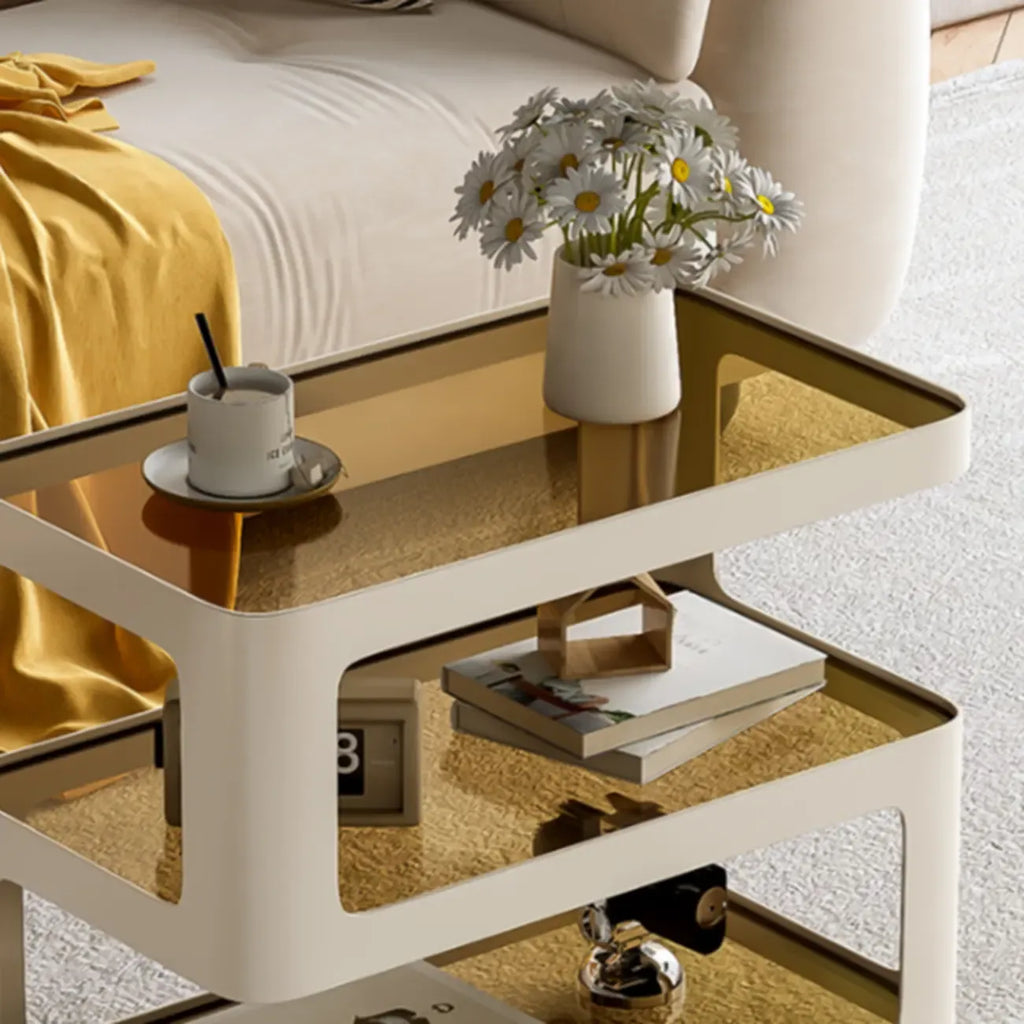 Table d'appoint mobile rectangulaire avec plateau en verre et rangement à 3 niveaux