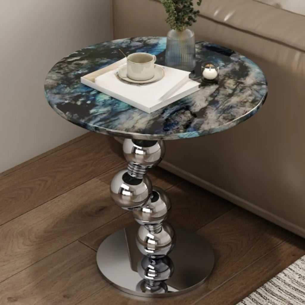 Table d'appoint ronde contemporaine avec plateau en marbre et piètement en métal