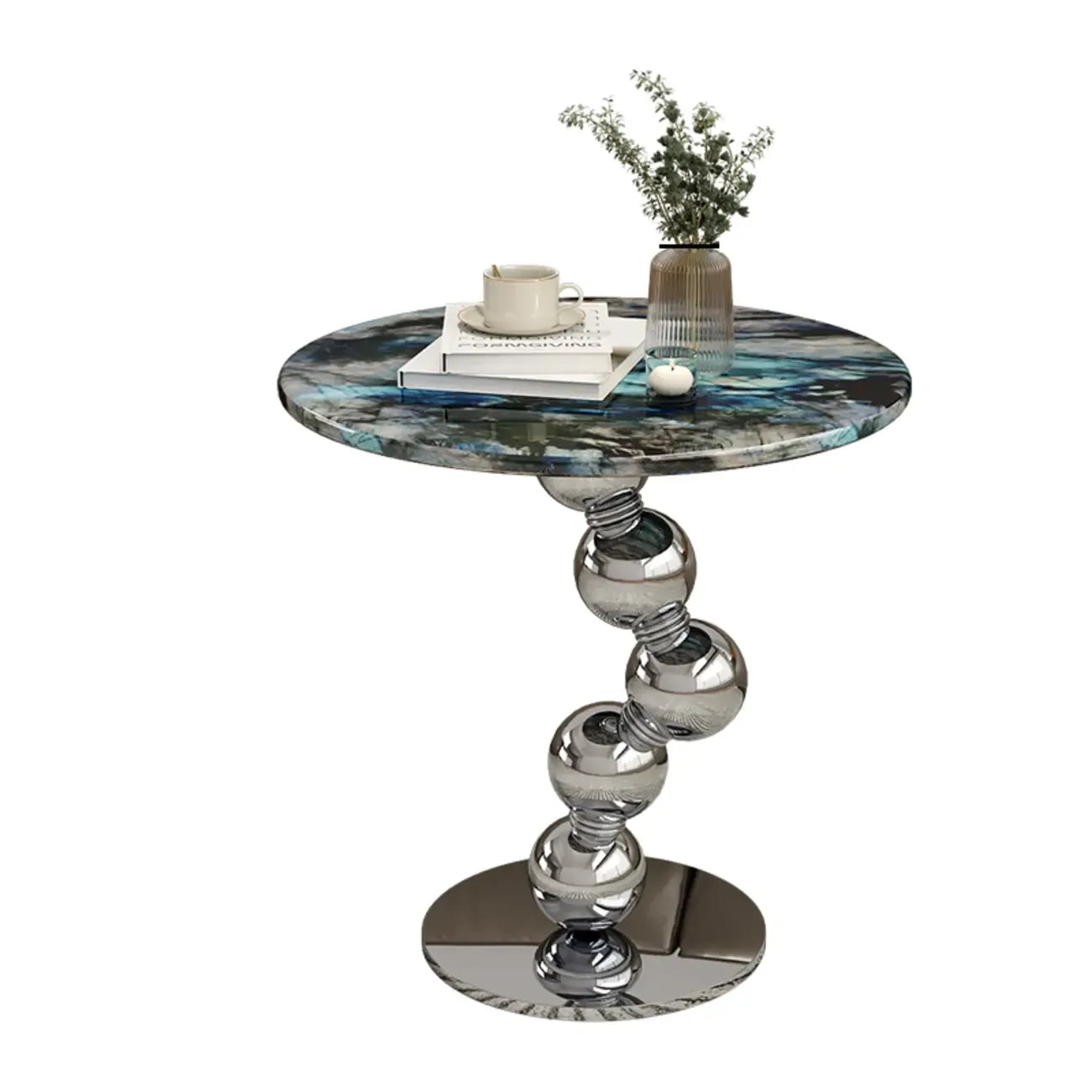 Table d'appoint ronde contemporaine avec plateau en marbre et piètement en métal