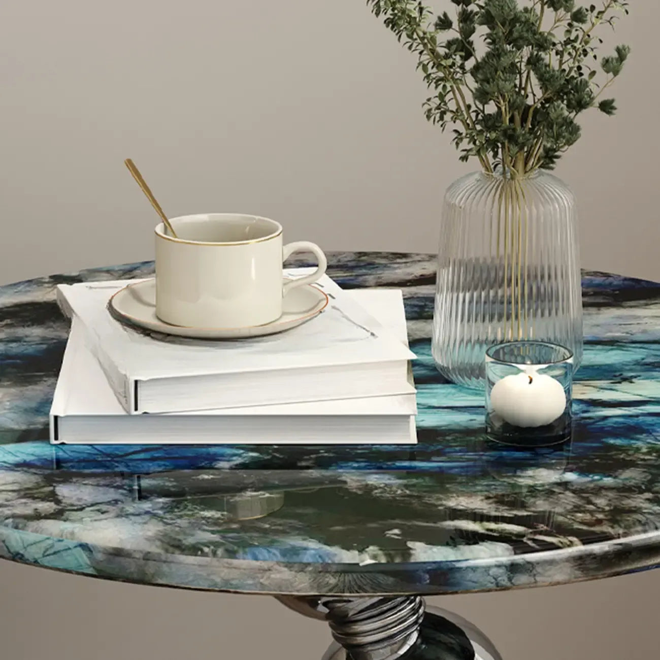 Table d'appoint ronde contemporaine avec plateau en marbre et piètement en métal