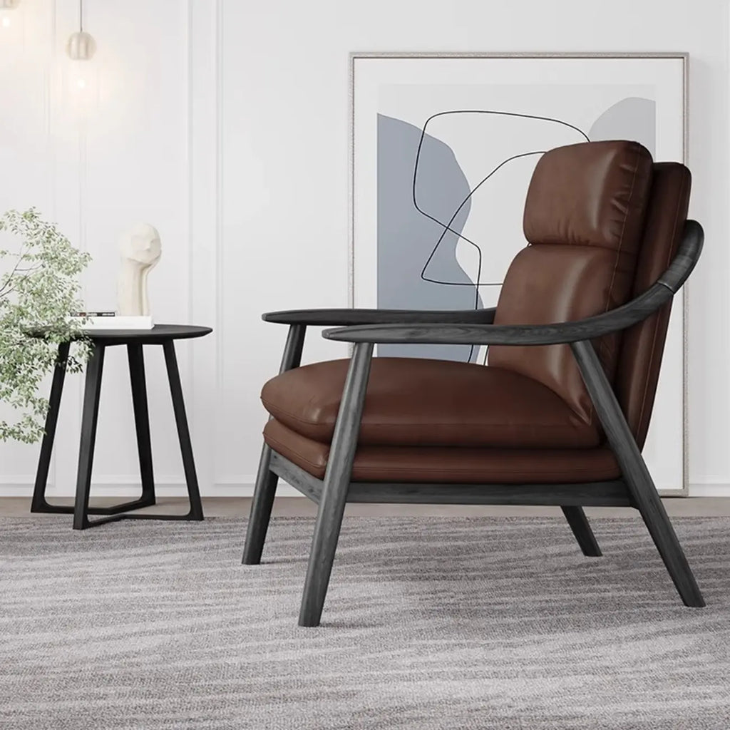 Fauteuil de salon rembourré en cuir véritable marron