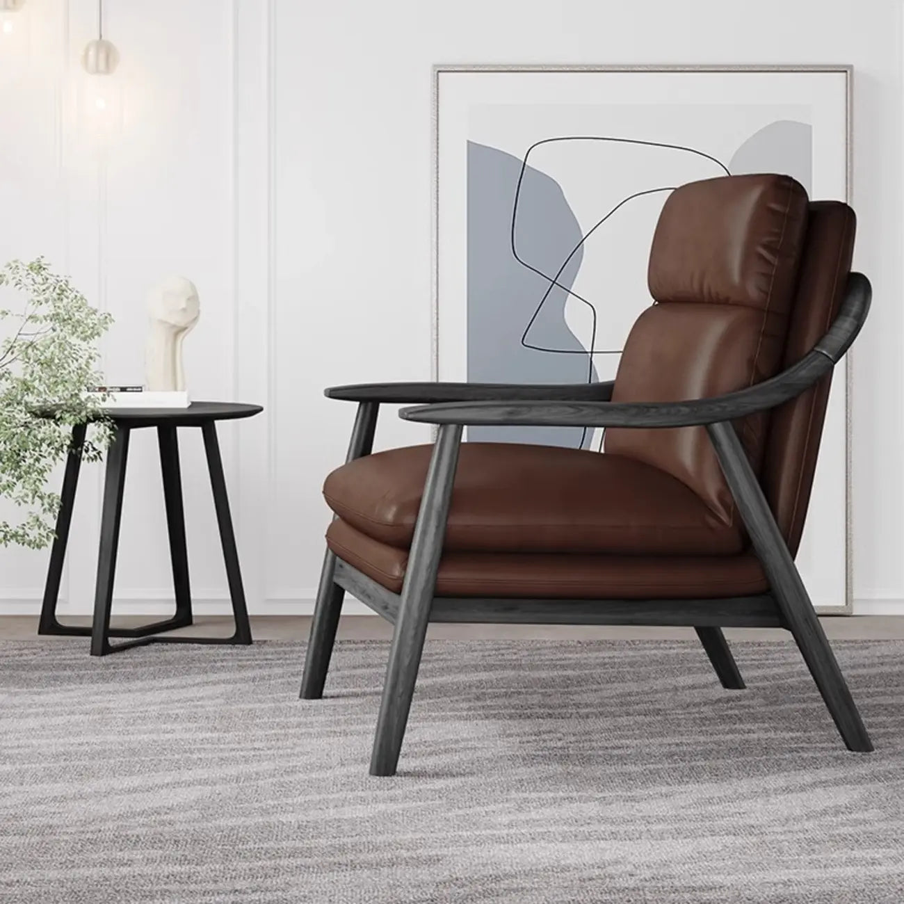 Fauteuil de salon rembourré en cuir véritable marron