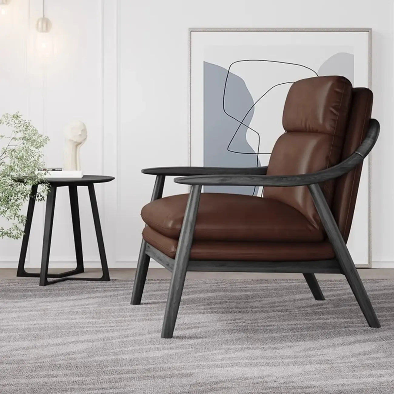 Fauteuil de salon rembourré en cuir véritable marron