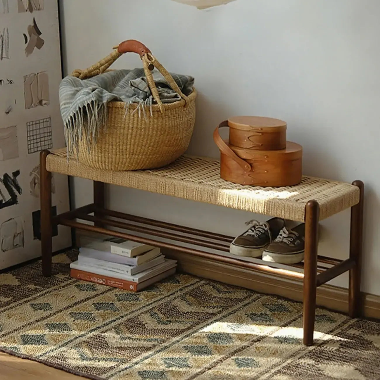 Banc d'intérieur tendance en bois de cerisier massif avec rangement intégré